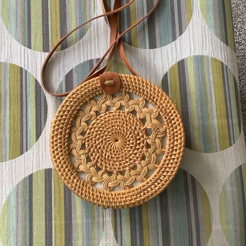 Tan Woven Crossbody Bag with Intricate Design